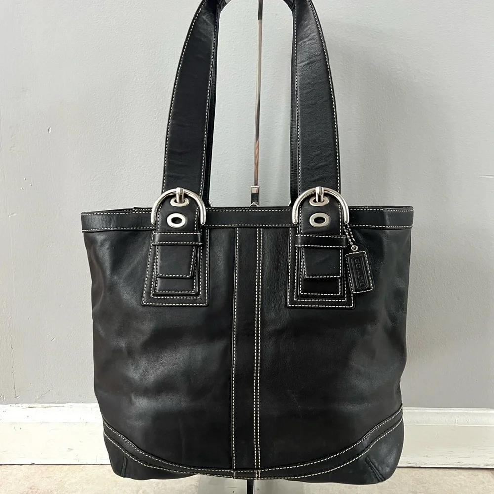 Coach Black Leather Tote with White Stitching